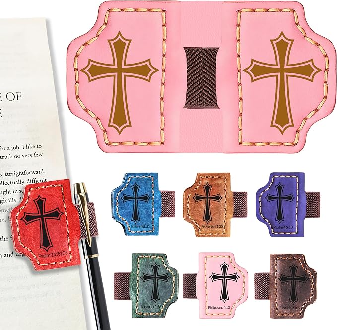 Personalized Magnetic Bookmark with Pen Holder, Bible Verse Scripture Design, Custom Leather Bookmark Bible Study Supplies for Women Men, Christian, Book Lovers Gifts (Pink, Cross)