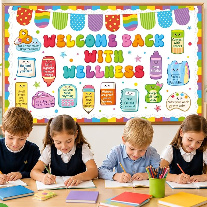 Welcome Back with Wellness Bulletin Board Set Inspirational Affirmations Classroom Decoration Mental Health Bulletin Board Motivational Paper Cutout for Back to School Poster Office Home Wall Decor