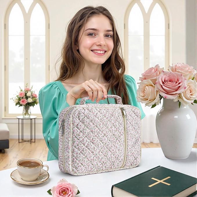 WOBAGMEN Bible Cover Case for Women,Large Bible Tote Bags Organizer Quilted Carrying Case for Girls,Bible Study Supplies Accessories Christian Gifts for Women (Pink Floral, L)
