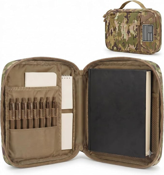 Tactical Bible Cover for Men, Large Bible Case with Shoulder Strap & US Flag Patch, Water Resistant Bible Carrier Bag with Handle, Multi Pockets for Church Study & Travel （Camo）