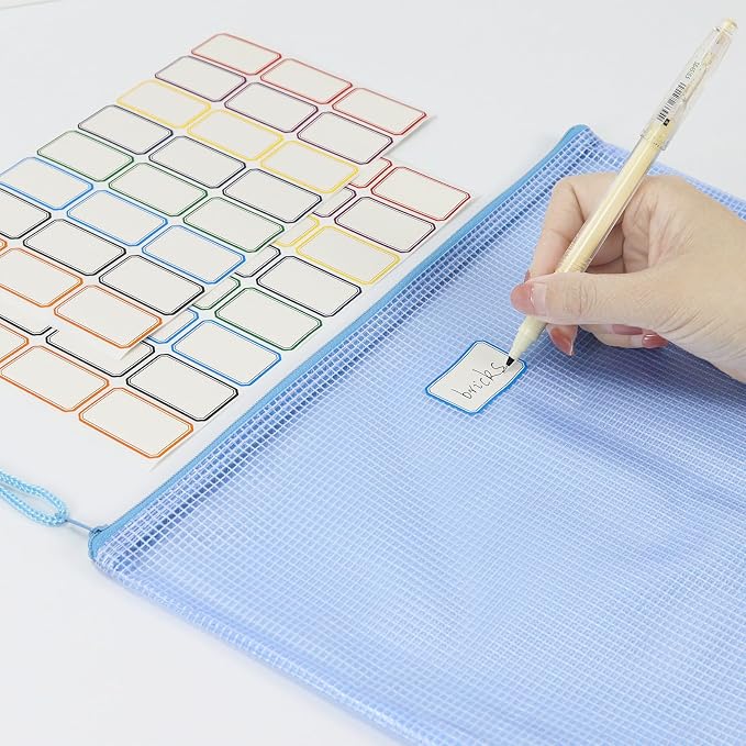 MultiBey 20 Pack A4 Mesh Zipper Pouch Bags with Labels, Waterproof Plastic Zipper Pouches for Organizing Board Games, Puzzles, Documents Office Supply and Home Organizer, 5 Macaron Colors