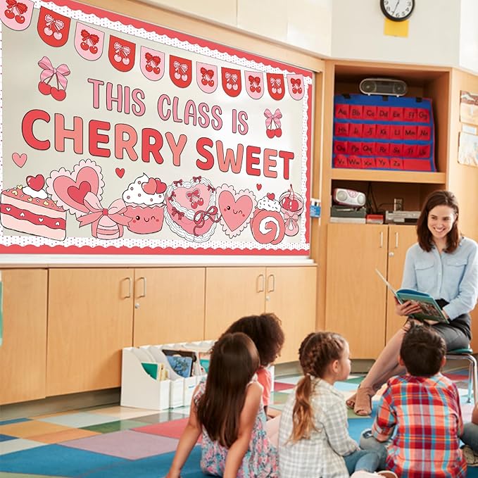 Valentine's Day Bulletin Board Decorations Set This Class is Cherry Sweet Classroom Decoration Valentines Cute Cherry Bow Cake Heart Cutouts for School Classroom Chalkboard Wall Decor Party Supplies