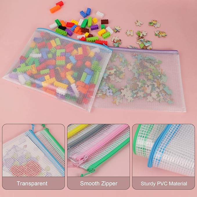 Multibey 10 Pack 10 Colors Mesh Zipper Pouch Bags, A4 13 x 9.5 inch Waterproof Zipper Pouches for Organizing, Reusable Document Bags for Office Supplies, Puzzle & Board Game Storage