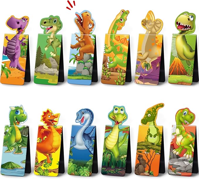 Sepamoon 12 Pcs Dinosaur Magnetic Bookmarks, Cute Page Markers for Classroom Rewards, Teacher Prize Supplies, Reading Incentives, Party Favors, Book Lovers Gifts Bulk