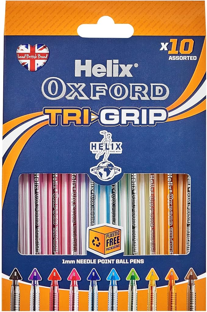 Helix Oxford Tri-Grip Ballpoint Pens (x10 Pack Assorted Colours) with Plastic Free Packaging