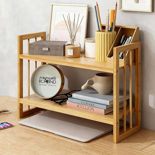 Desktop Shelf Organizer, 2 Tier Bamboo Desk Bookshelf, Desk Top Storage Rack for Office, Dorm, or Bedroom Decor, Small Tabletop Shelf for Books, Plants & Accessories