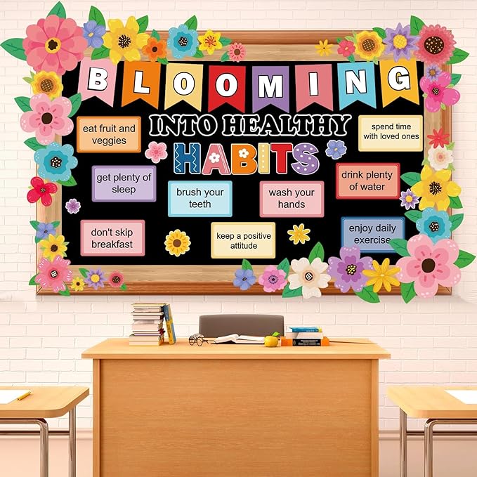 Spring Wildflower Bulletin Board Decorations Set Health Habits Classroom Bulletin Board Border Bloom Colorful Wildflower Decor Floral Paper Cutouts for Back to School Home Wall Chalkboard Supplies