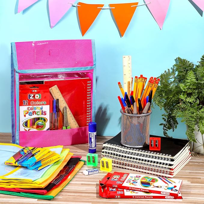 Qilery 12 Sets School Supplies Kit Back to School Essentials Bulk Includes Book Pouch Bags Notebooks Pencils Rulers Scissors Eraser and More for Students Teachers School Classroom Charity