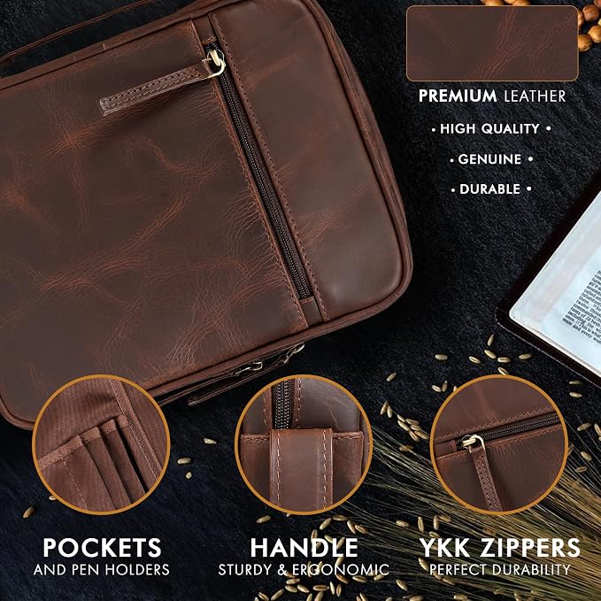 ELIZO Leather Bible Cover for Men Bible Case Women Holder Carrying Organizer Wrap Sleeve Protector Christian Religious Gift Cross Bookmark – Large Bourbon