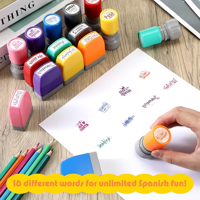 Jetec 16 Pcs Spanish Teacher Self Inking Stamps Teacher Gifts Motivation Grading Stamps for Signature Homework Reward Supplies(Rectangular + Round)