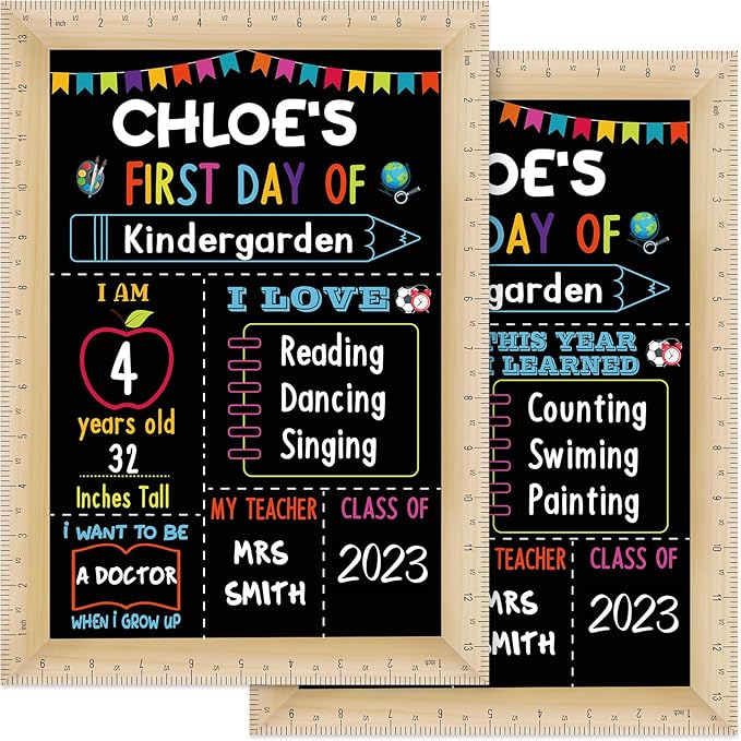 Pajean First and Last Day of School Board Sign Chalkboard with Ruler Frame Printing, Reusable Back to School Board Wooden Double Sided Photo Prop, 14 x 10 Inch