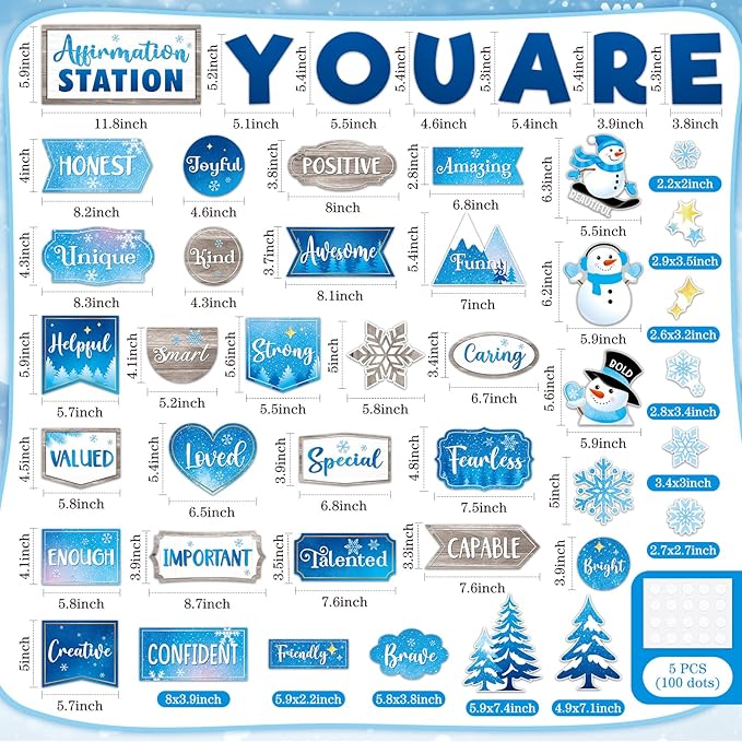 45pcs Winter Affirmation Station Bulletin Board Set Motivational Posters Classroom Mirror Growth Mindset Decor Positive Affirmations Accents Cutouts for School Office Home Teacher Wall Supply
