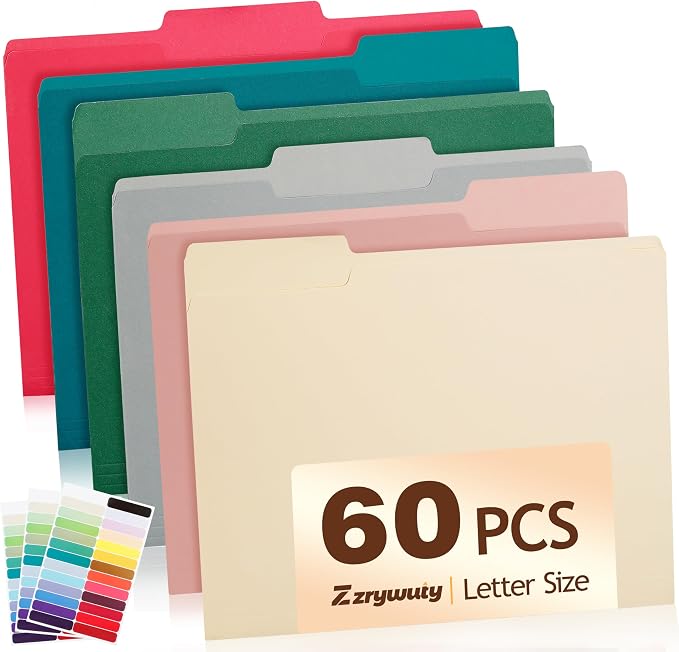 Color File Folders, 1/3-Cut Tabs, 60 Pack File Folder Letter Size, 6 Assorted Colors Organizer File Folders for School Home Office Business