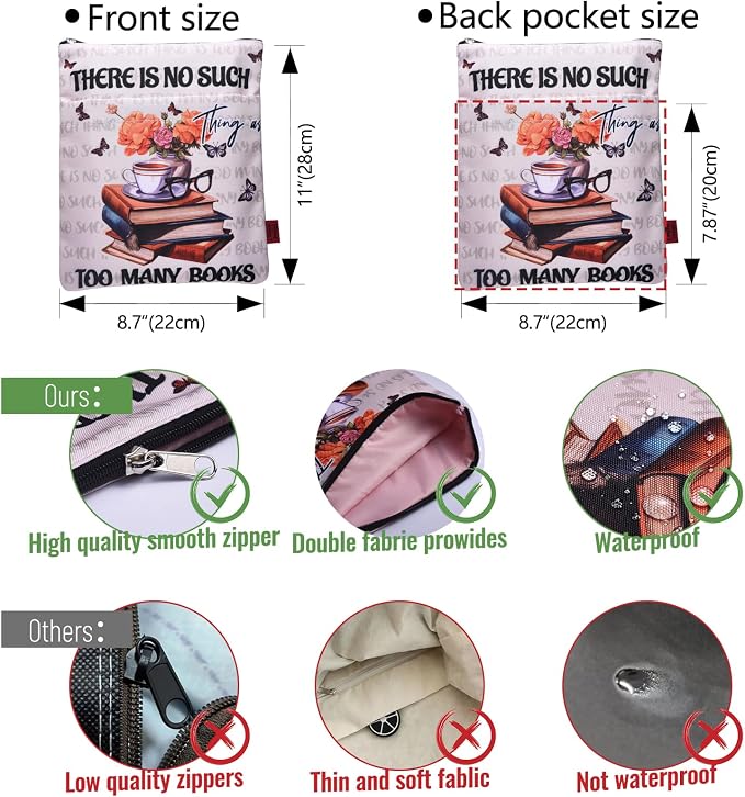 LParkin Book Sleeve With Zipper for Lovers - No Such Thing As Too Many Books, Nerd Protector Covers for Paperbacks, Washable Fabric Multifunctional Sleeves