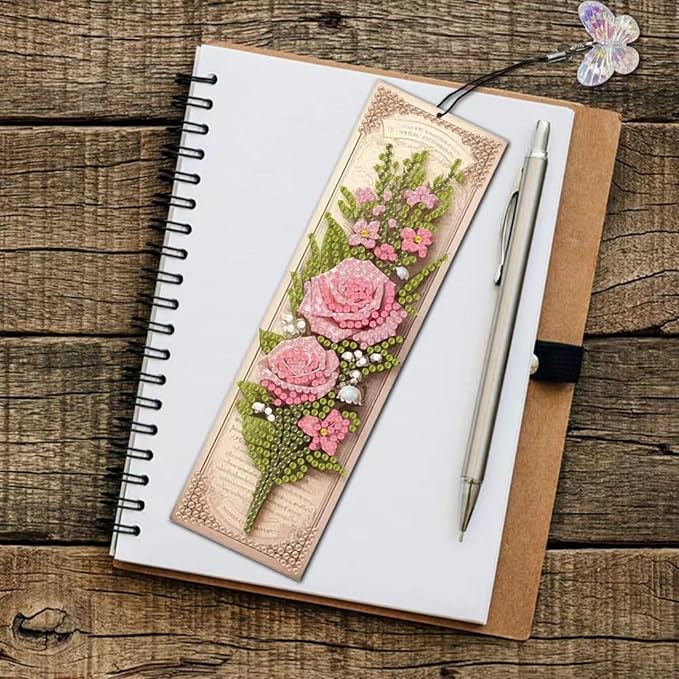 3Pcs DIY Diamond Art Painting Bookmarks with Colorful Butterfly Pendant PET Bookmark Ornament Double Sided Pattern Single Sided Diamond Book Marker Clip Gifts Tags-Pink Rose