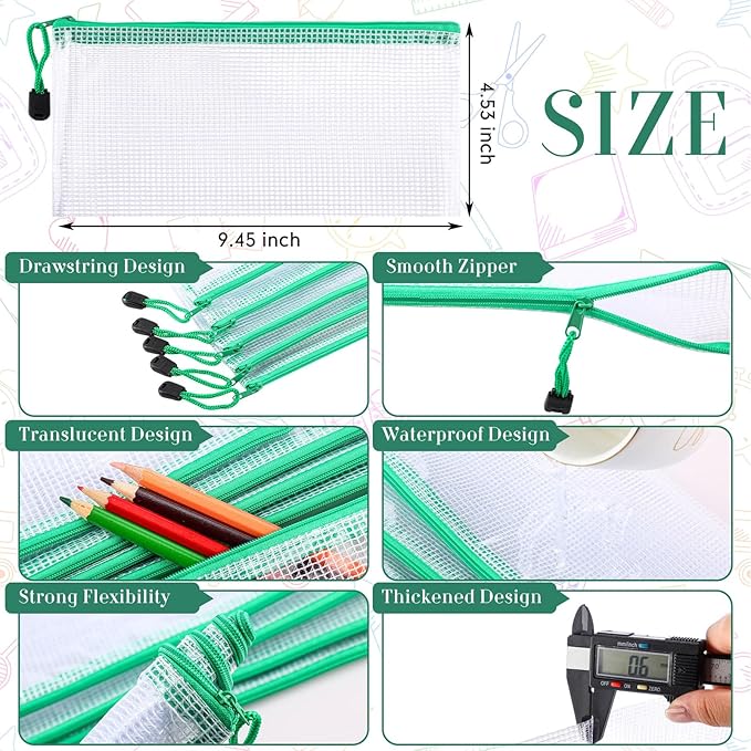 Sherr 120 Pcs Mesh Zipper Pouch A6 Pencil Pouches Bulk Small Clear Mesh Bags with Zipper 9.45'' x 4.53'' Waterproof File Bag Pencil Case for School Office Travel Organization(Green)