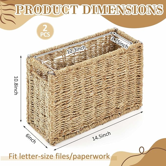 Novabright 2 Pcs Hanging File Desk Organizer 14.5 x 6 x 10.8 Inch Seagrass Hanging File Box Collapsible Portable Filing Basket, Letter Size Woven Storage Basket for Home Office Document Filing Decor