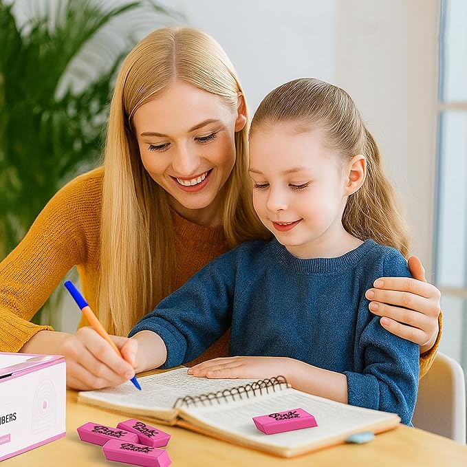30 Pcs Pink Eraser Bulk Set – 6 Block Erasers and 24 Pencil Top Erasers, Smudge-Free, School Supplies for Students, Teachers, Drawing, Office, Homework Use (Pink)