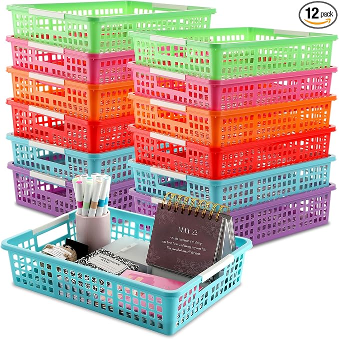12 PCS Plastic Classroom Turn in Paper Trays Storage Bin Basket Organizers Holds 4A Paper File for School Teacher Supplies Classroom Office Home Organization and Storage Tray (Colorful)