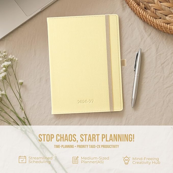 Planner 2026-2027 Weekly & Monthly Planner with Hourly Time Slots, 18 Month Academic Calendar July 2026 – Dec 2027, Vertical Layout, Monthly Tabs, Textured Fabric Hardcover, Yellow