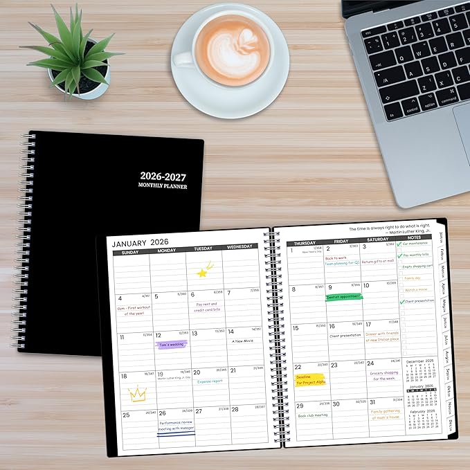 2026-2027 Monthly Planner, 18 Monthly Calendar Planner, January 2026 - June 2027, 8’’ x 10’’, 2026 Spiral Agenda with Tabs ＆Pocket, Flexible Cover, Organizer Notebook for Office Home School, Black