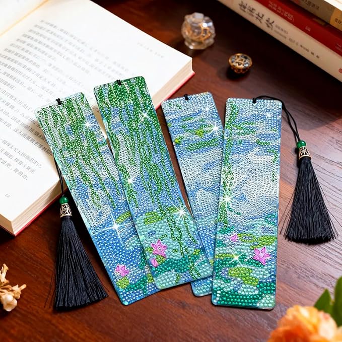 4 PCS Diamond Art Bookmarks Monet Water Lily, DIY Acrylic Diamond Painting Bookmarks Kits for Adult Reader and Crafts Lovers