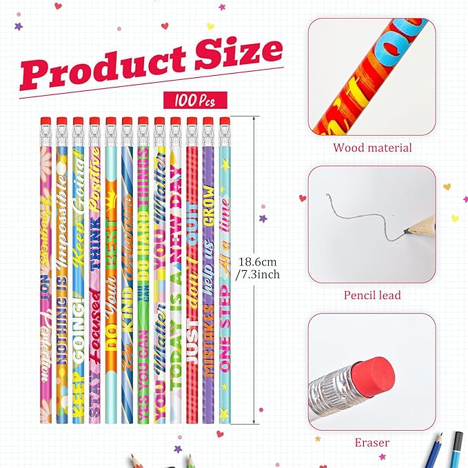 Cinrobiye 100 PCS Inspirational Pencils Bulk,Motivational School Wood Pencils,Encourage Positive Pencil Party Favors Gifts Pencil Back to School Supplies for Student Teacher Classroom Reward