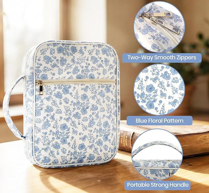 Bible Cover Case for Women, Large Bible Bag with Bible Study Supplies Accessories Christian Gifts for Women, Portable with Sturdy Handle and Highlighters, Blue Flower