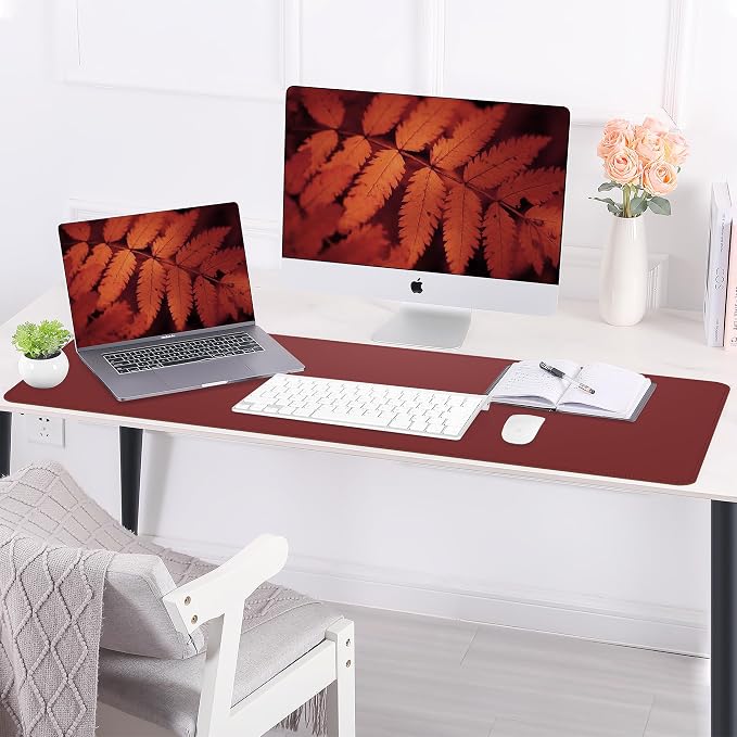 AFIING Leahter Desk Pad 47" x 17", Red,Desk Cover mat | Natural Cork & PU Leather, Mouse Pad, Non-Slip, Waterproof, For Office and Home