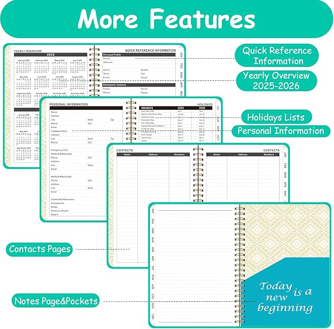 Daily Planner 2025-2026, Monthly and Weekly Calendar Planner with Tabs, July 2025 - Jun 2026, Inner Pocket, 6.2" x 8.5" A5 Size, Perfect for Office Home School Supplies, Spiral Bound, Aquamarine ﻿ ﻿
