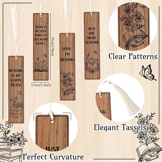TICIAGA 4PCS Book Lover Wooden Bookmarks with Tassels, Vintage Bookish Bookmarks Reading Gifts for Women, Book Lover Gifts Birthday Present for Students Teachers Appreciation Spring Party Favors