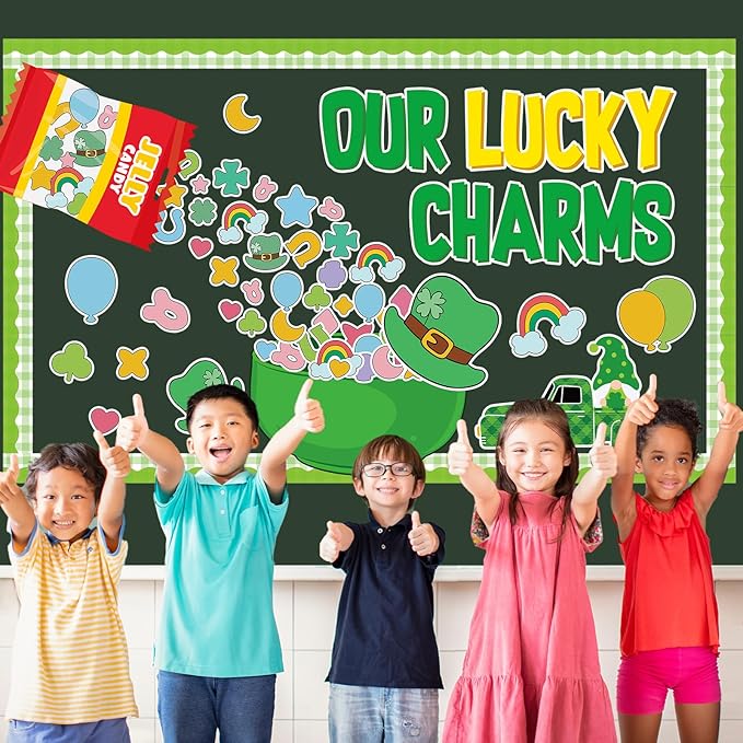 St.Patrick's Day Bulletin Board Decoration Set Green Shamrock Paper Cut Outs Our Lucky Charms Bulletin Board Set for St.Patrick’s Party Supplies Home Office School Classroom Chalkboard Wall Decor