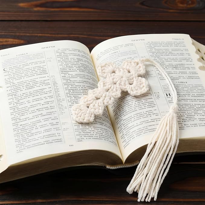 Resurhang 6 Pcs Crocheted Cross Bookmark with Tassels Christian Bible Bookmark for Women Religious Church Gifts Bible Accessories Page Marker Supplies for Easter Book Lover Church Read Group