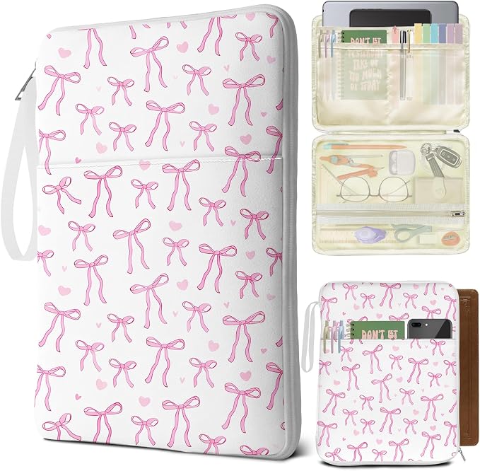 Pink Bow Printed Bible Book Sleeve with Pockets,Padded Protector Washable Book Covers,Books Pouch with Handle Zipper,Travel Book Carrying Case for Books Lover Hardcover,Mother's Day Christian Gifts
