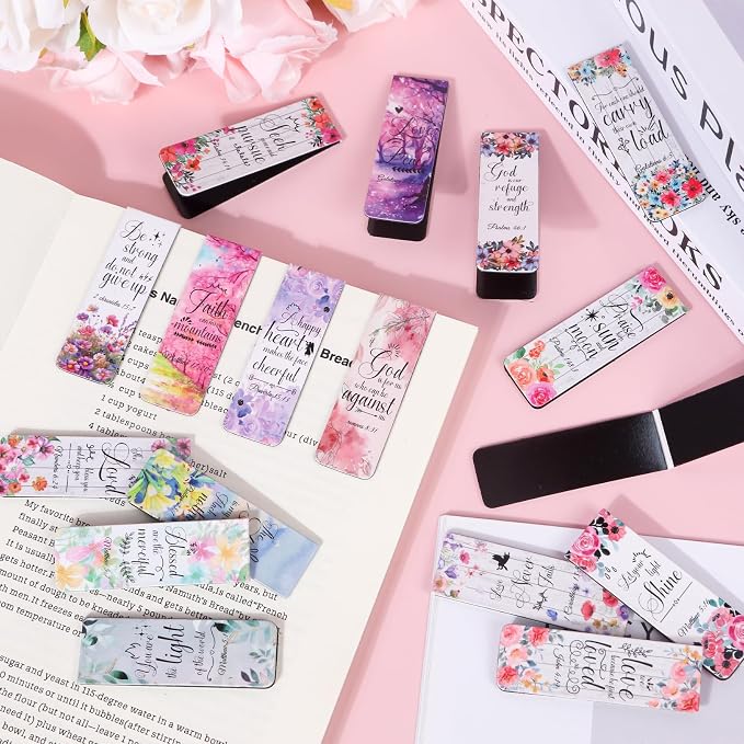 Wxiben Bible Verse Magnetic Bookmark - 48Pcs Floral Inspirational Magnetic Bookmark Christian Scripture Book Mark Magnets Motivational Flower Page Marker Clip for Women Students Teacher School Gifts