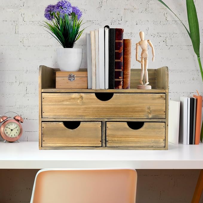Besti Wooden Office Desk Organizer - Organizing Tool for Desktop, Cubicle, Bedroom, Kitchen - Vintage Style Organization Caddy with Top Tray Shelf & 3 Drawers - 13.6x9x7 Inches (Rustic Burnt)
