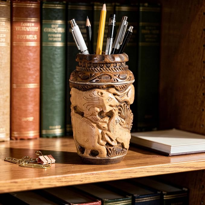 Craft Trade Hand Carved Wood Pen Holder for Desk Organizer for Home School Office Supplies Pencil Cup Pot Storage Box Suitable for Stationery - Vintage Wood