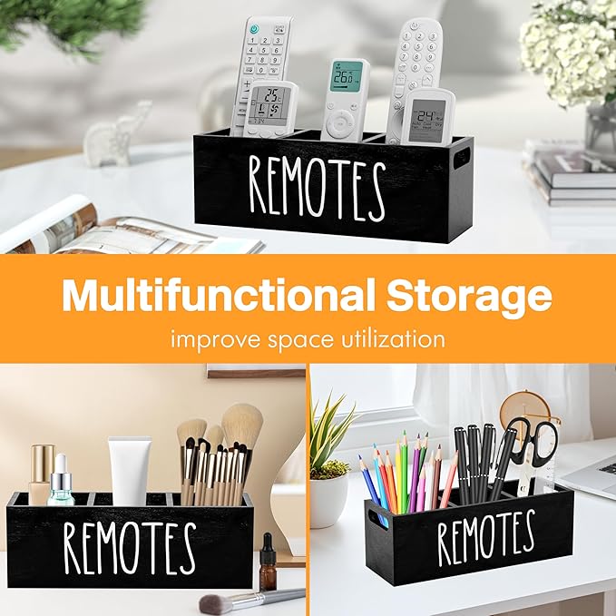 Remote Holder for Table, 3 Slots Wooden TV Remote Control Holder, Bedside Remote Control Storage Organizer - 10" x 3.3" x 3.3" Black