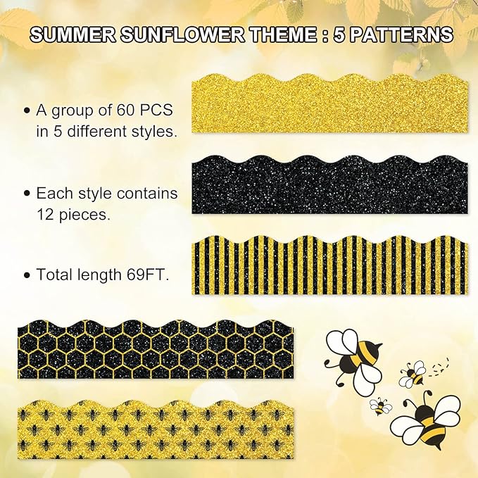 Whaline 69Ft Summer Glitter Bulletin Board Borders 5 Designs Yellow Black Bee Theme Decoration Trim Bee Bulletin Board Stickers for School Classroom Office Bee Party Decoration