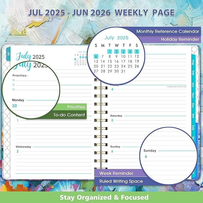 Academic Planner 2025-2026, July 2025 - June 2026, 6.3’’ × 8.4’’, 2025-2026 Academic Planner Weekly and Monthly with Tabs, Inner Pocket, Hardcover, Elastic Closure