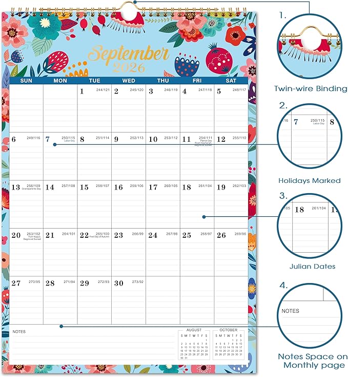 Calendar 2026-2027- Wall Calendar 2026-2027, 18 Monthly Calendar from Jul. 2026 - Dec. 2027, 12" x 17", Wall Calendar With Twin-Wire Binding - Green