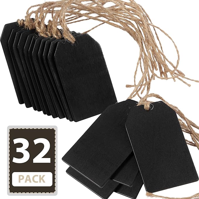 Boao 32 Pieces Mini Chalkboard Tags Bulk 2"x3.1" Wood Chalkboard Signs Wooden Hanging Labels with String Price Message Tags for Holiday Christmas Weddings Gift, Black