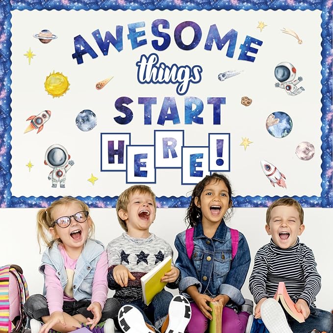 FYSUIMU 52 Pcs Outer Space Bulletin Board Decoration Set Awesome Things Start Here Cutouts Galaxy Astronaut Inspirational Paper Cutting with Glue Points for Back to School Party Classroom Wall