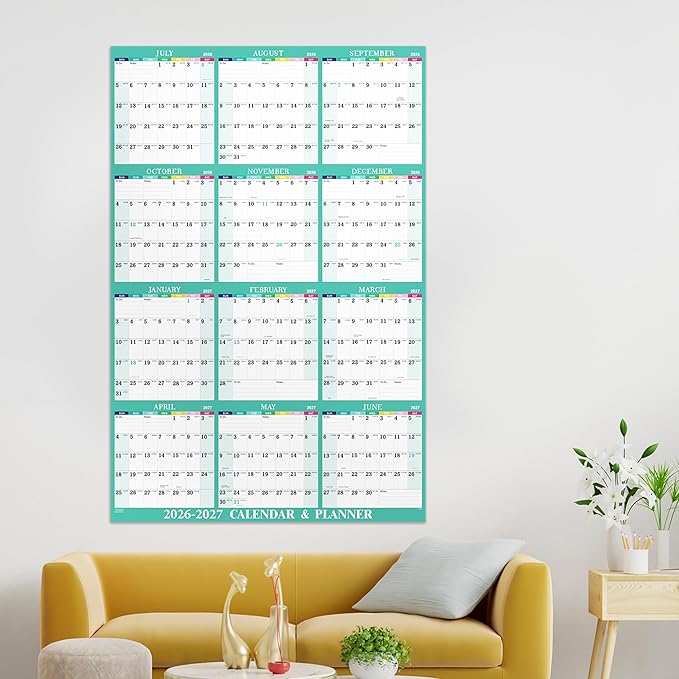 Yearly Wall Calendar 2026-2027 - 2026-2027 Calendar, July 2026 - June 2027, 34.8" x 22.8" (Open), Yearly Wall Calendar 26-27, 26-27 Calendars Vertical, One Page for Organizing - Colorful Lump