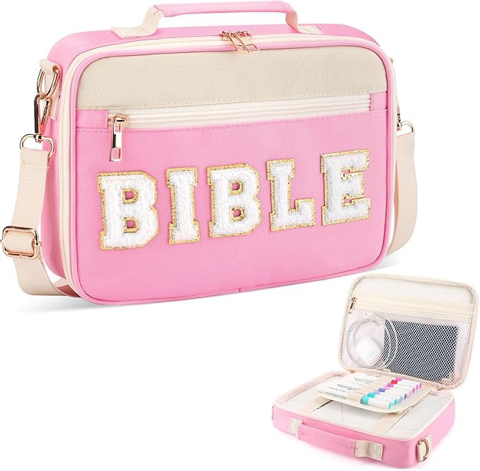 Bible Cover Case for Women Grils, Preppy Bible Bag with Adjustable Shoulder Strap, Waterproof Bible Carrying Tote Bags Holder for Bible Study Supplies Accessories & Christian Gifts (Pink)