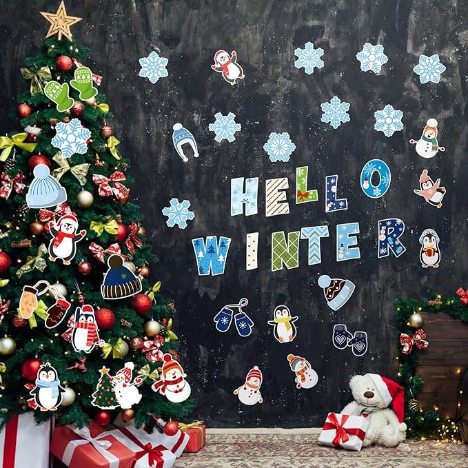Marspark 68 Pieces Winter Classroom Decoration Christmas Bulletin Border Decoration Hello Winter Cutouts Snowman Penguin Snowflake Wall Decor for School Classroom Christmas Party