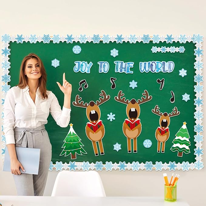 Fuutreo 62 Pcs Christmas Bulletin Board Decoration Christmas Reindeer Music Classroom Bulletin Board Sets Joy to The World Snowflakes Paper Cutouts for Xmas Party Supplies School Winter Holiday Decor