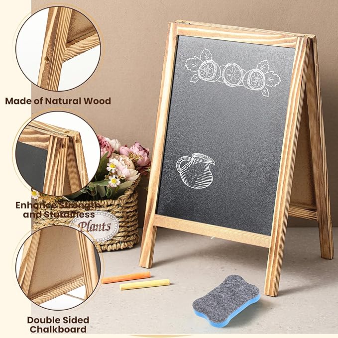 Henoyso 2 Pcs Double-Sided Tabletop Chalkboard Sign, 16"x10" Easel Rustic Wood Frame Small Chalkboard with 2 Erasers for Menu Cafes, Restaurants, Weddings Home Decor(Brown)