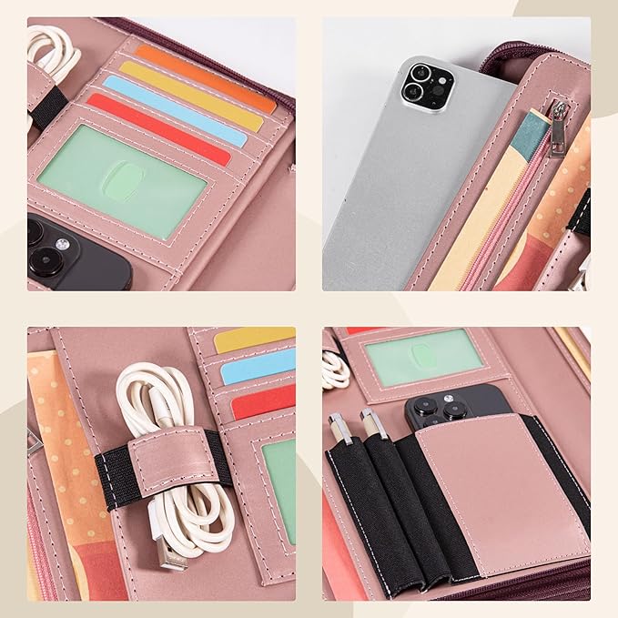 Calfinder Leather Portfolio for Women,Business Portfolio Organizer with Zipper,Pink Portfolio Binder, Interview Resume Folder with Card Holder, A4 Letter Document Organizer,Gift for Women