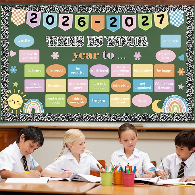 Composition Notebook Bulletin Board Set Motivational This is Your Year Decoration Pastel Inspirational Paper Cutouts for Welcome Back First Day of School Classroom Chalkboard Wall Door Decor Supplies
